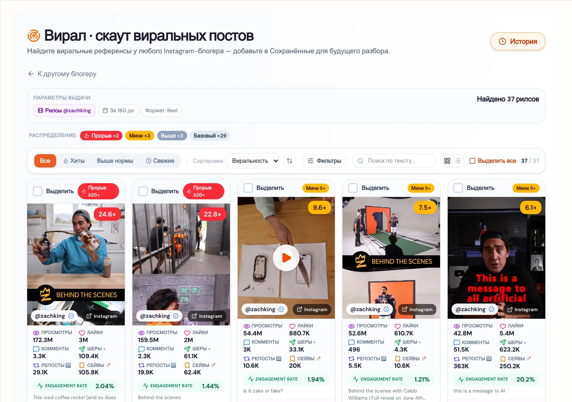 Выдача Скаута: плитки Reels с метриками виральности